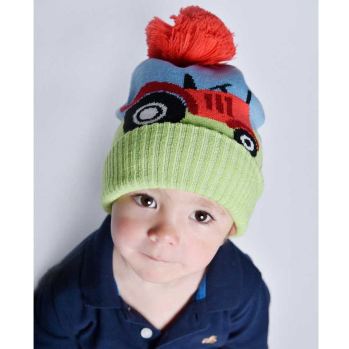 Knitted Tractor Hat with Pom Pom