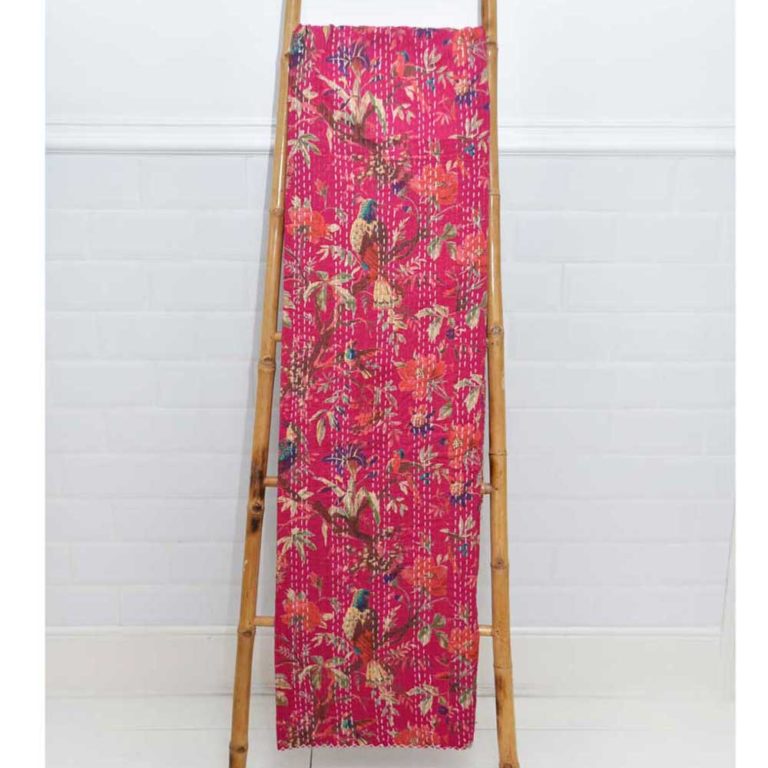 Hot Pink Birds of Paradise Kantha Throw