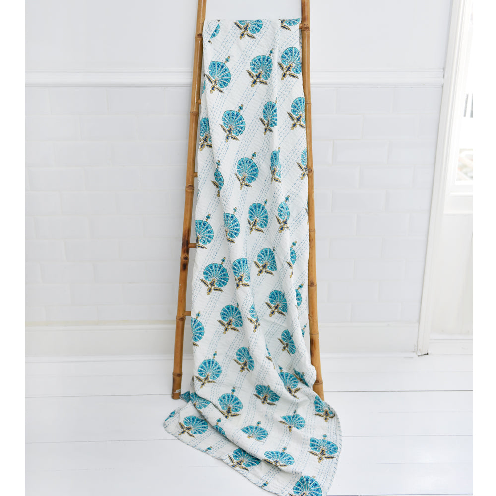 Aqua Shell Print Kantha Throw