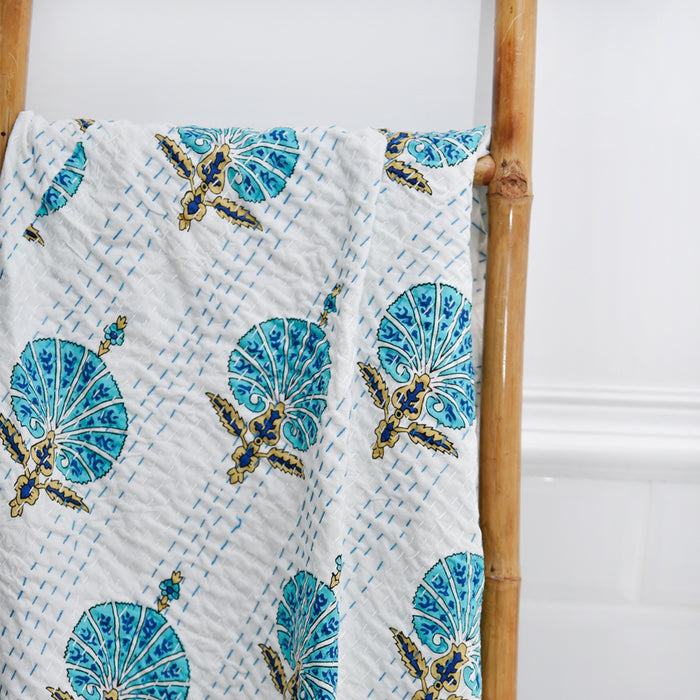 Aqua Shell Print Kantha Throw