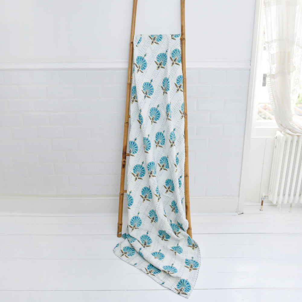 Aqua Shell Print Kantha Throw