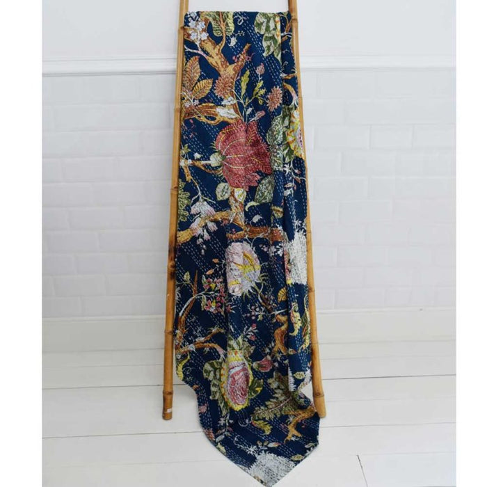 Blue Carnation Print Kantha Throw