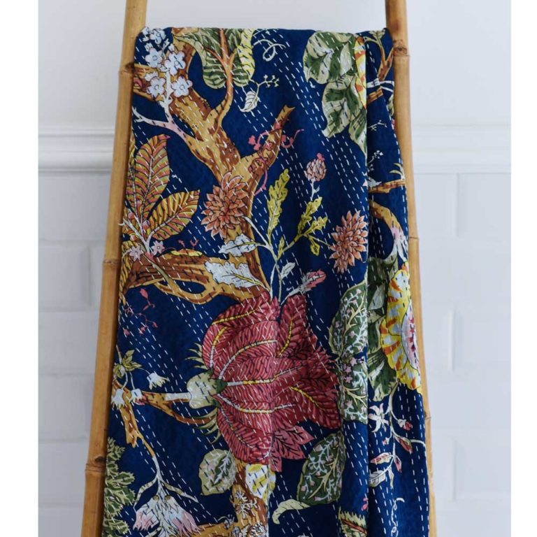 Blue Carnation Print Kantha Throw