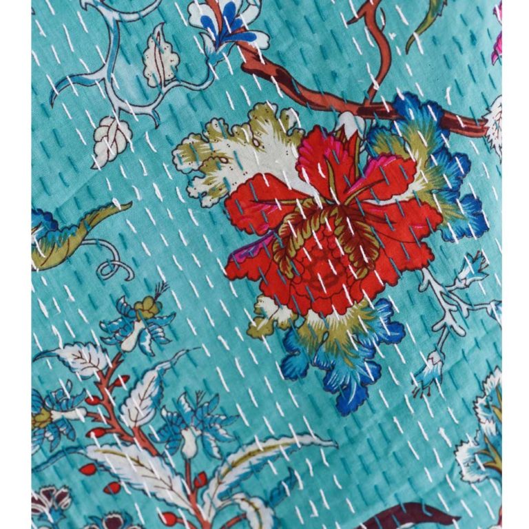 Teal Exotic Flower Print Kantha Throw