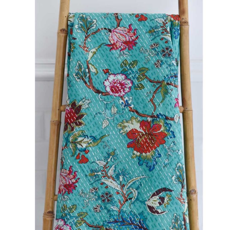 Teal Exotic Flower Print Kantha Throw