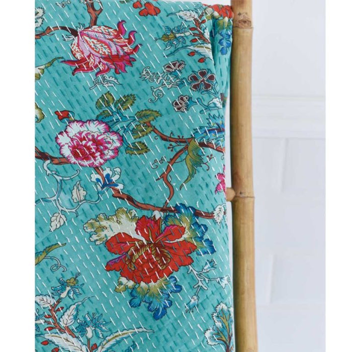 Teal Exotic Flower Print Kantha Throw