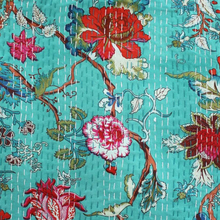 Teal Exotic Flower Print Kantha Throw