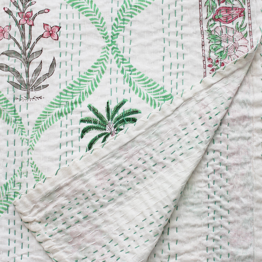 Floral Pink Palm Tree Print Kantha Throw