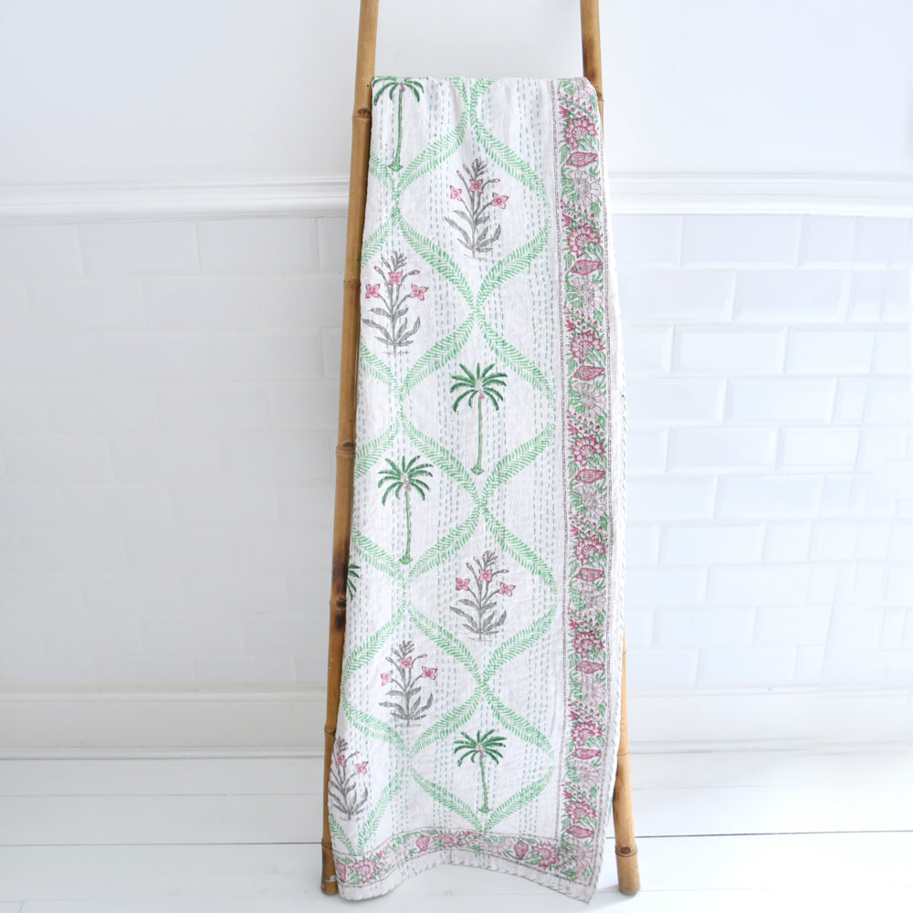 Floral Pink Palm Tree Print Kantha Throw