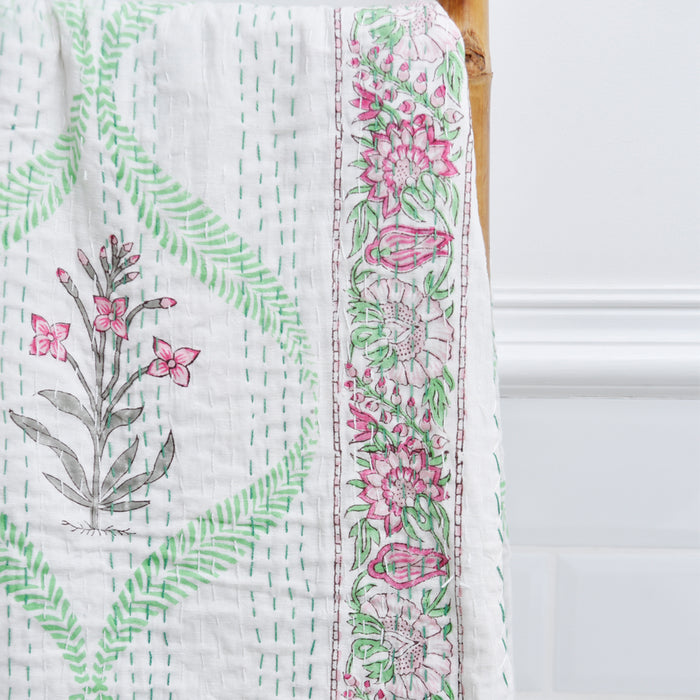 Floral Pink Palm Tree Print Kantha Throw