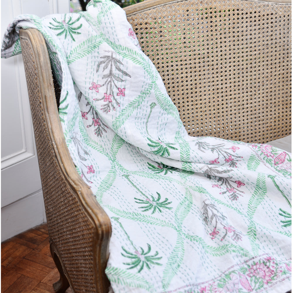 Floral Pink Palm Tree Print Kantha Throw