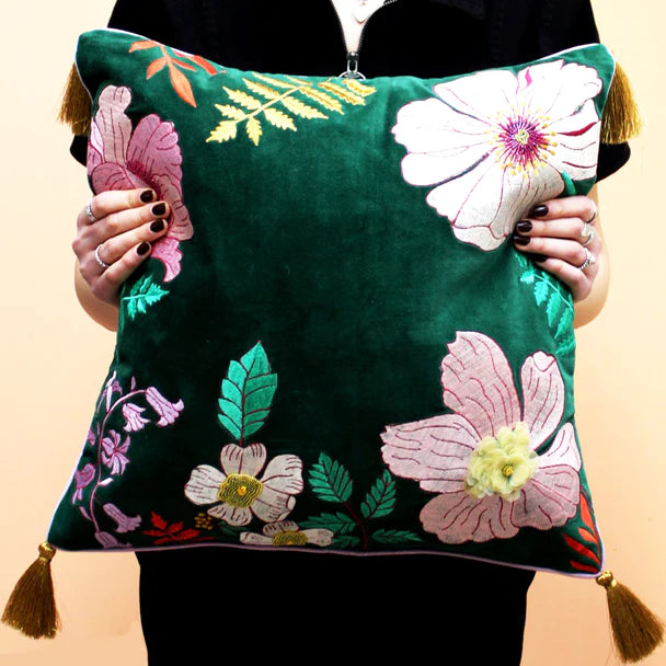 Posy Teal Velvet Cushion