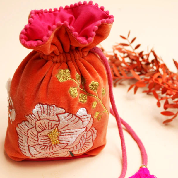 Posy Orange Drawstring Pouch
