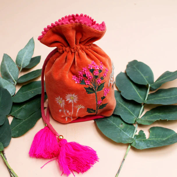 Posy Orange Drawstring Pouch