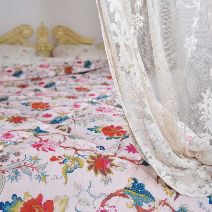 Pink Exotic Flower Print Cotton Indian Bed Quilt