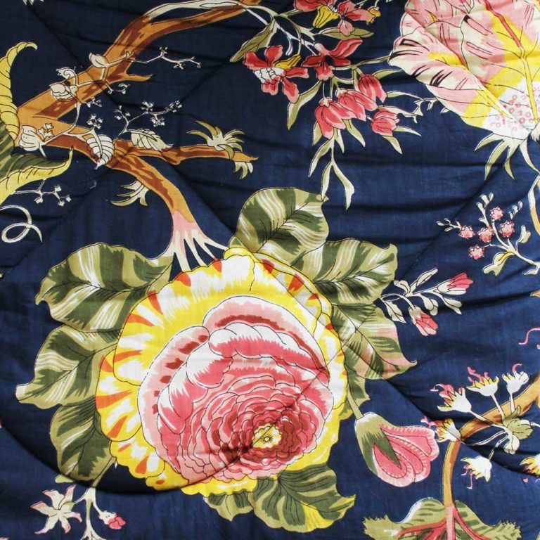 Blue Carnation Print Cotton Indian Bed Quilt