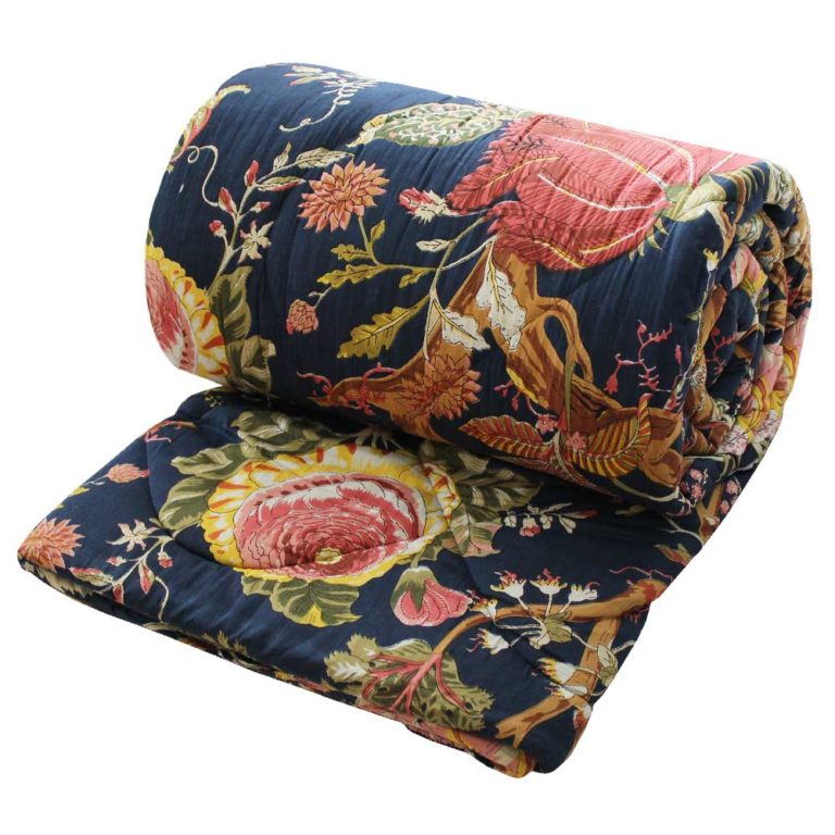 Blue Carnation Print Cotton Indian Bed Quilt