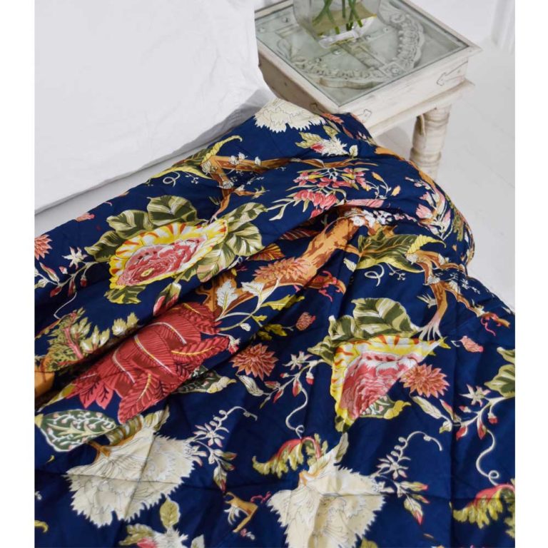 Blue Carnation Print Cotton Indian Bed Quilt