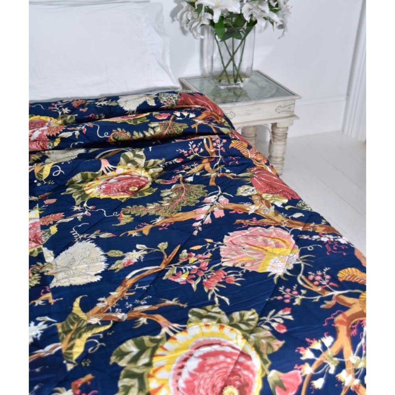 Blue Carnation Print Cotton Indian Bed Quilt