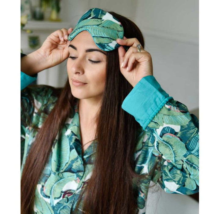 Green Leaf Print Cotton and Satin Eye Mask