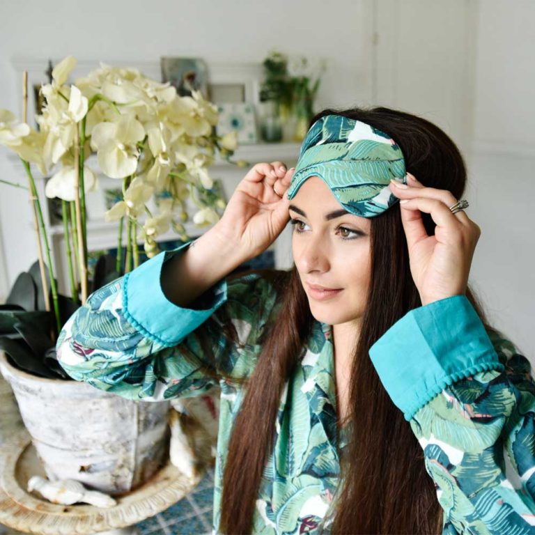 Green Leaf Print Cotton and Satin Eye Mask