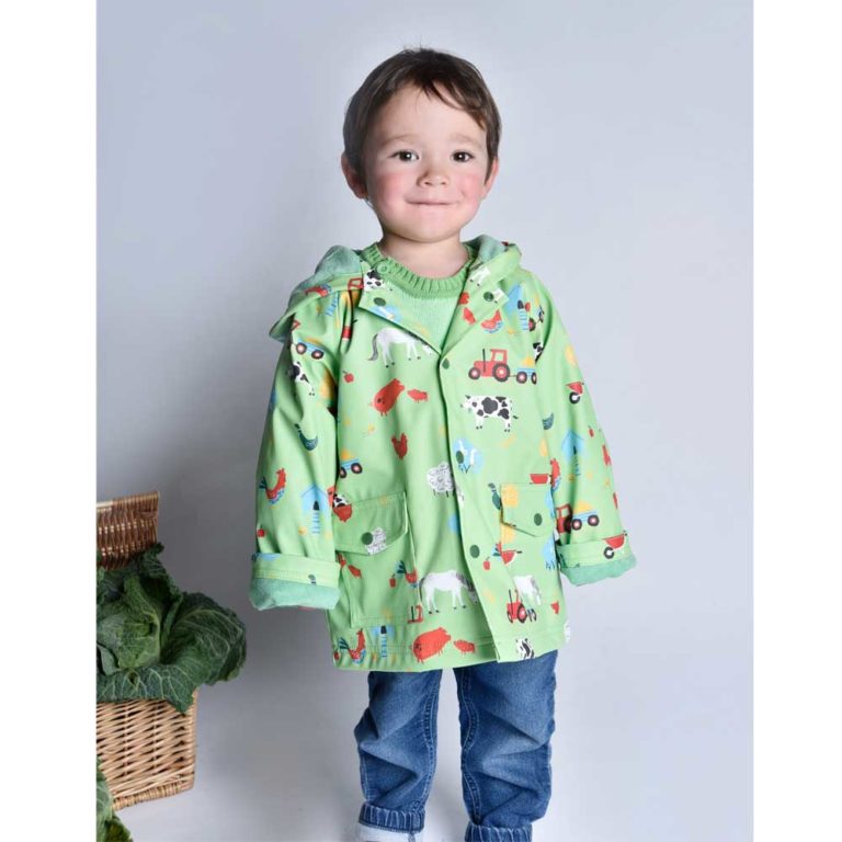 Children's Green Farmyard Hooded Raincoat
