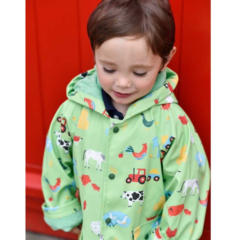 Children's Green Farmyard Hooded Raincoat