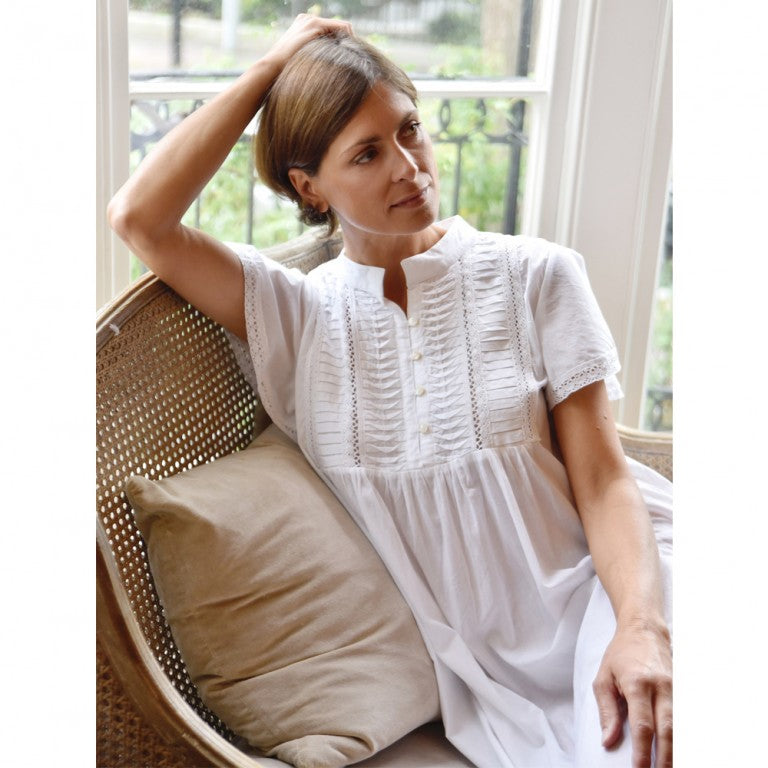 Ladies White Ruched Nightdress With Mandarin Collar 'Lara'