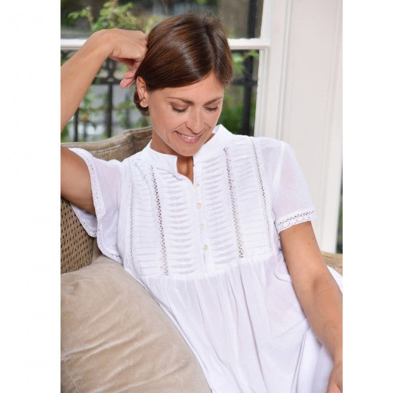 Ladies White Ruched Nightdress With Mandarin Collar 'Lara'