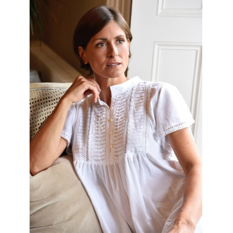Ladies White Ruched Nightdress With Mandarin Collar 'Lara'