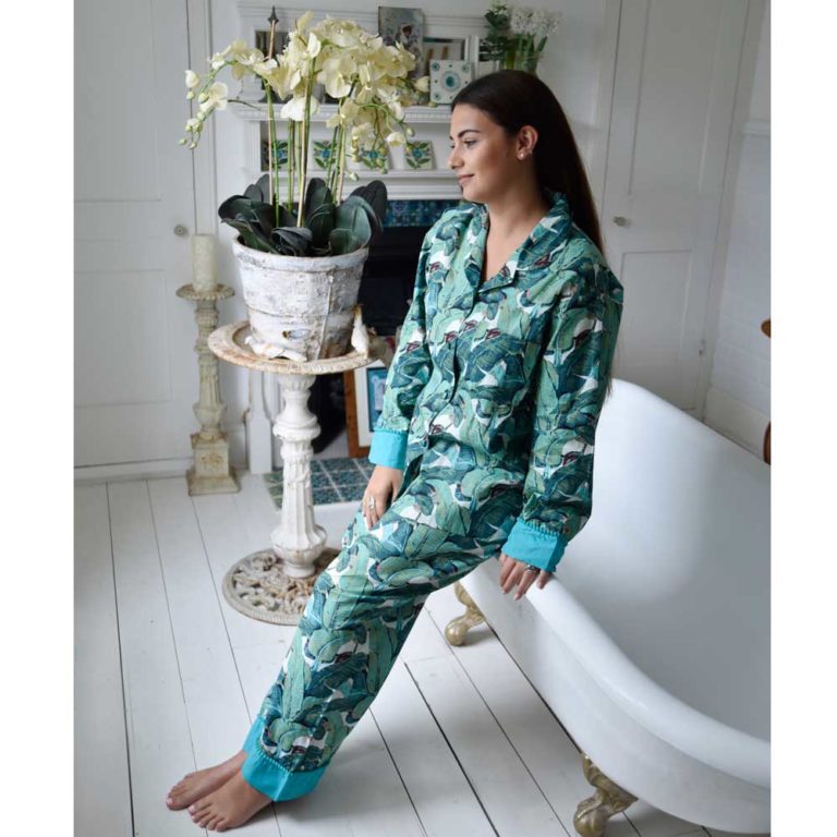 Ladies Green Leaf Print Cotton Pyjamas