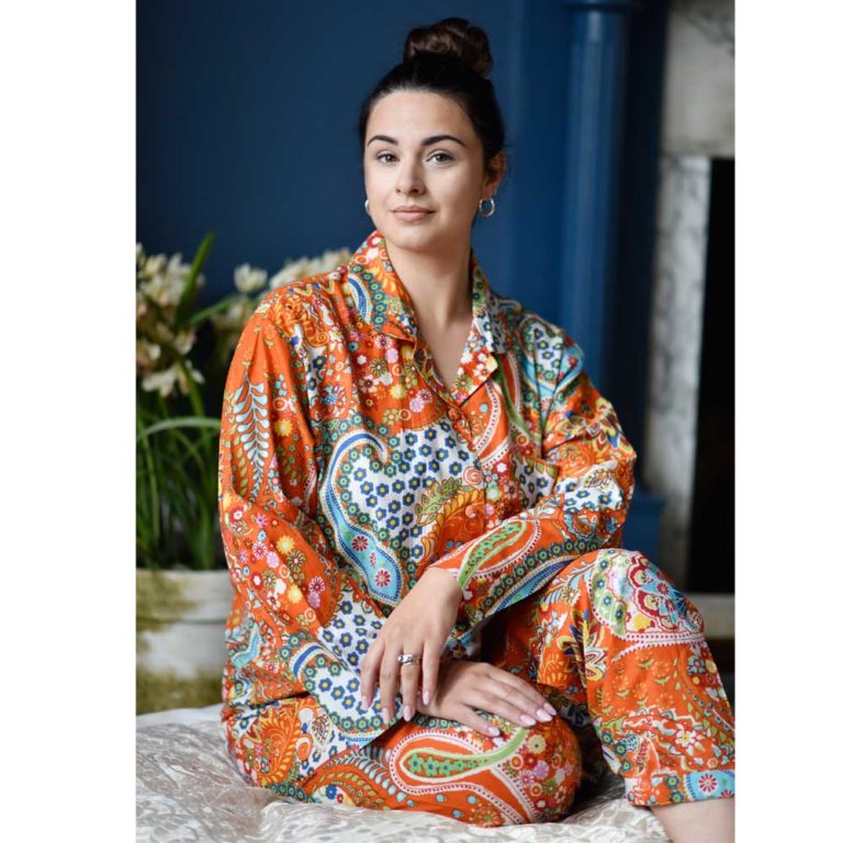 Ladies Orange Paisley Print Cotton Pyjamas