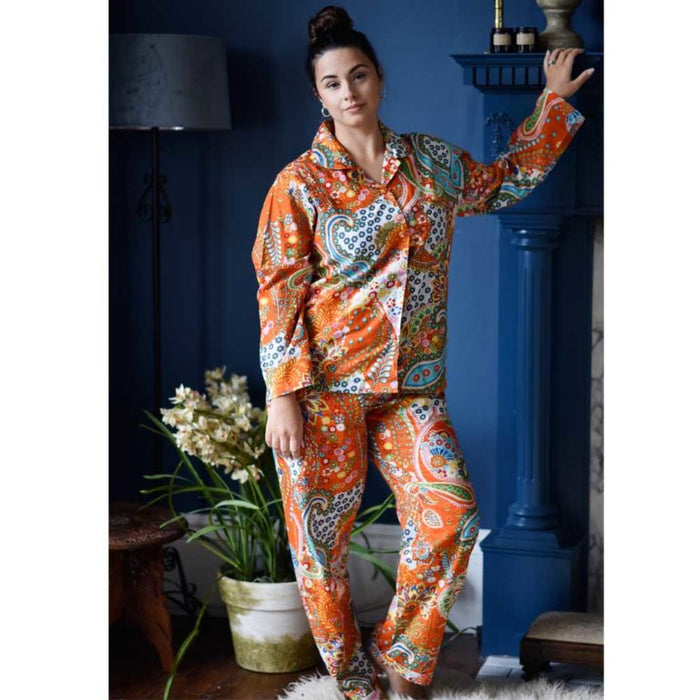 Ladies Orange Paisley Print Cotton Pyjamas