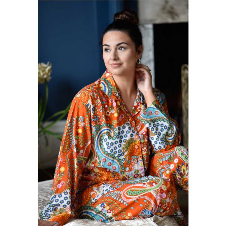 Ladies Orange Paisley Print Cotton Pyjamas