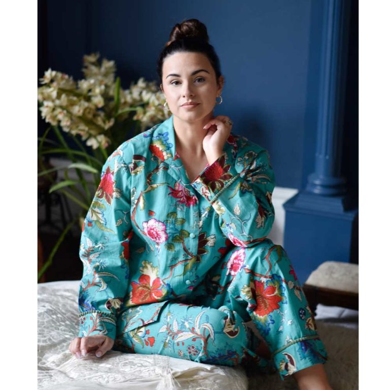 Ladies Teal Exotic Flower Print Cotton Pyjamas