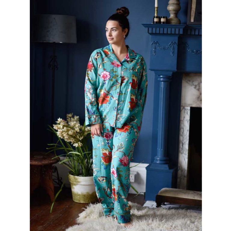 Ladies Teal Exotic Flower Print Cotton Pyjamas