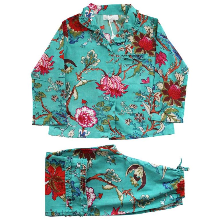 Children's Teal Exotic Flower Print Cotton Pyjamas