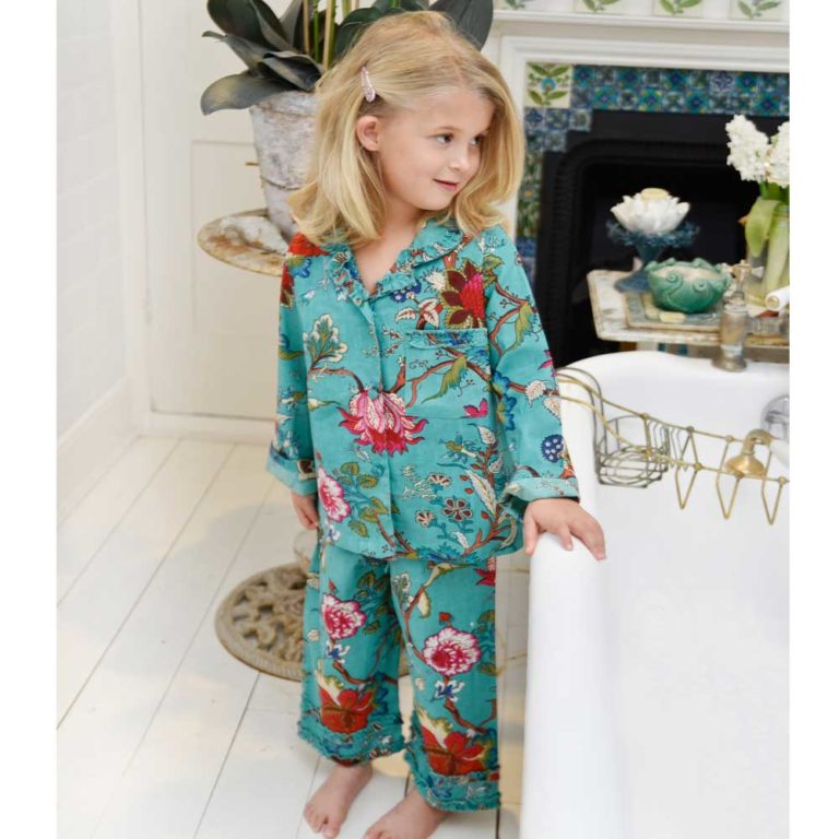 Children's Teal Exotic Flower Print Cotton Pyjamas