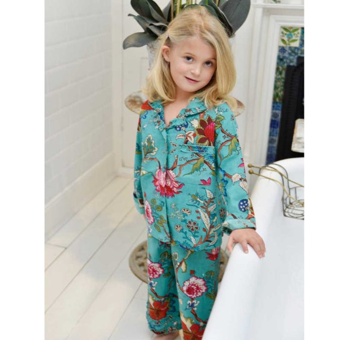 Children's Teal Exotic Flower Print Cotton Pyjamas