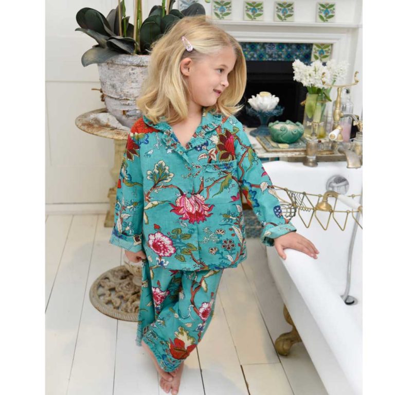 Children s Teal Exotic Flower Print Cotton Pyjamas bluebelleandco