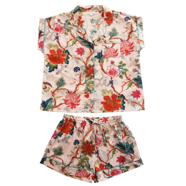 Ladies Pink Exotic Flower Print Cotton Short Pyjama Set