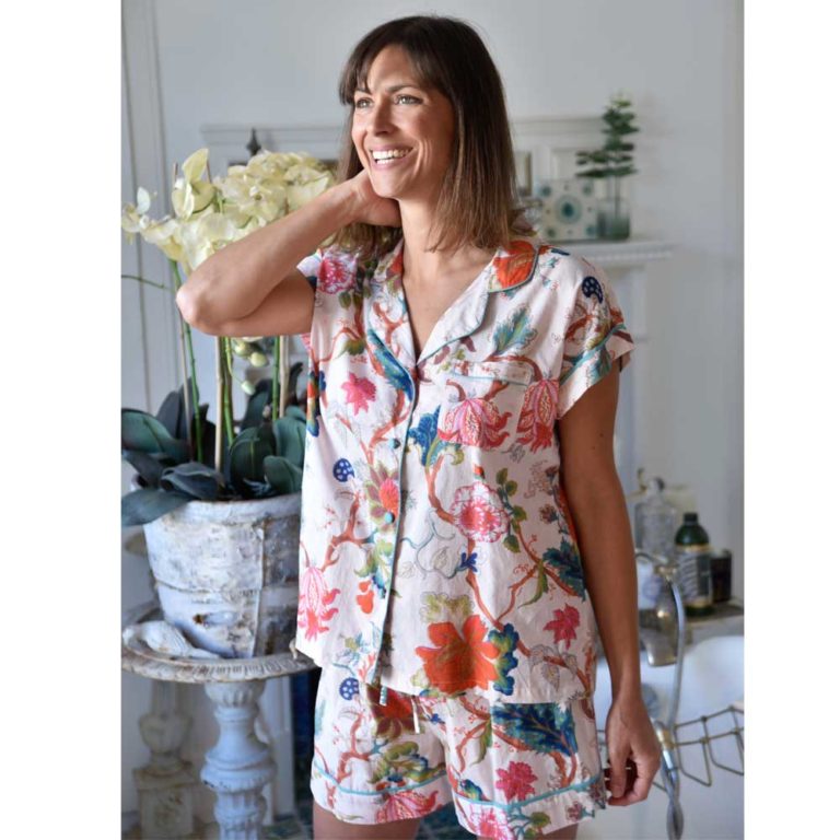 Ladies Pink Exotic Flower Print Cotton Short Pyjama Set
