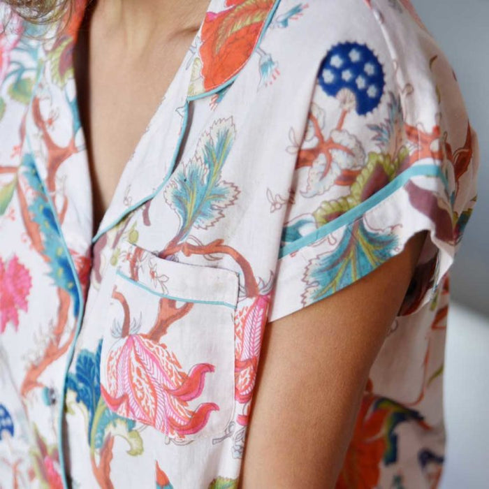 Ladies Pink Exotic Flower Print Cotton Short Pyjama Set