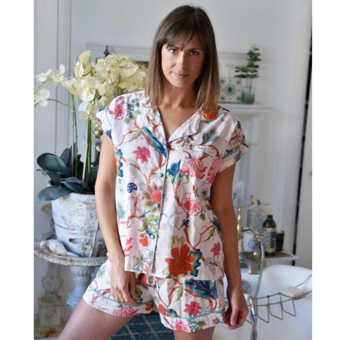 Ladies Pink Exotic Flower Print Cotton Short Pyjama Set