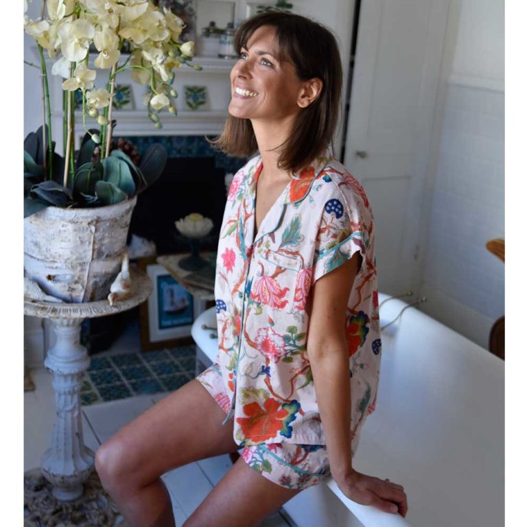 Ladies Pink Exotic Flower Print Cotton Short Pyjama Set