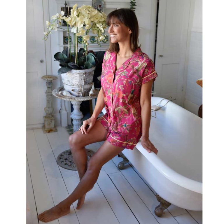 Ladies Hot Pink Birds of Paradise Print Cotton Short Pyjama Set