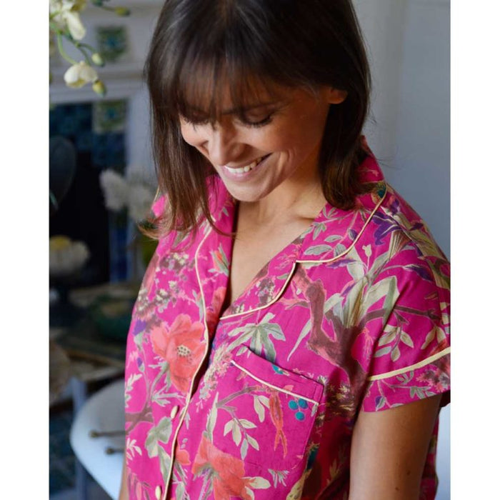 Ladies Hot Pink Birds of Paradise Print Cotton Short Pyjama Set