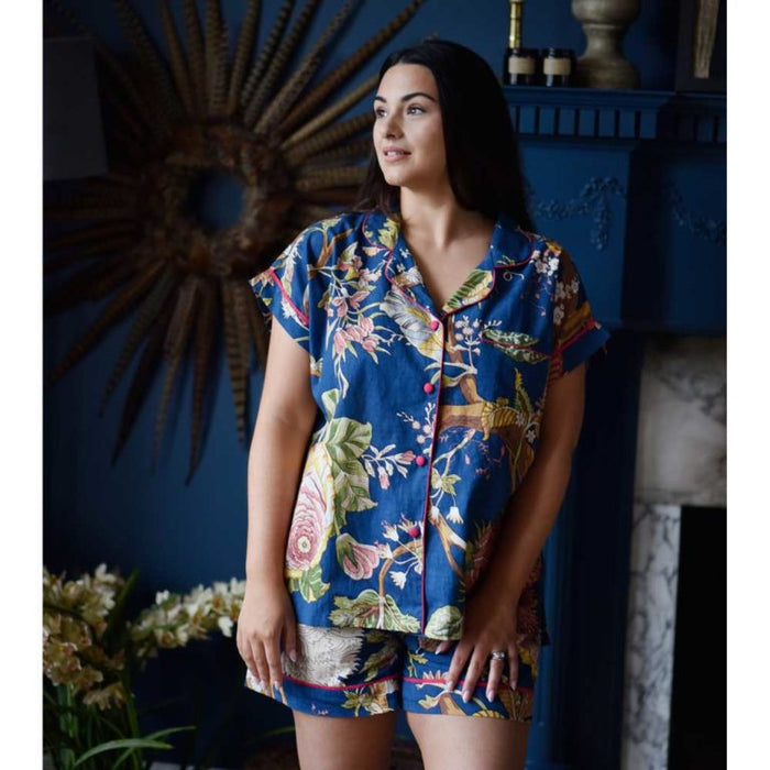 Ladies Blue Carnation Print Cotton Short Pyjama Set