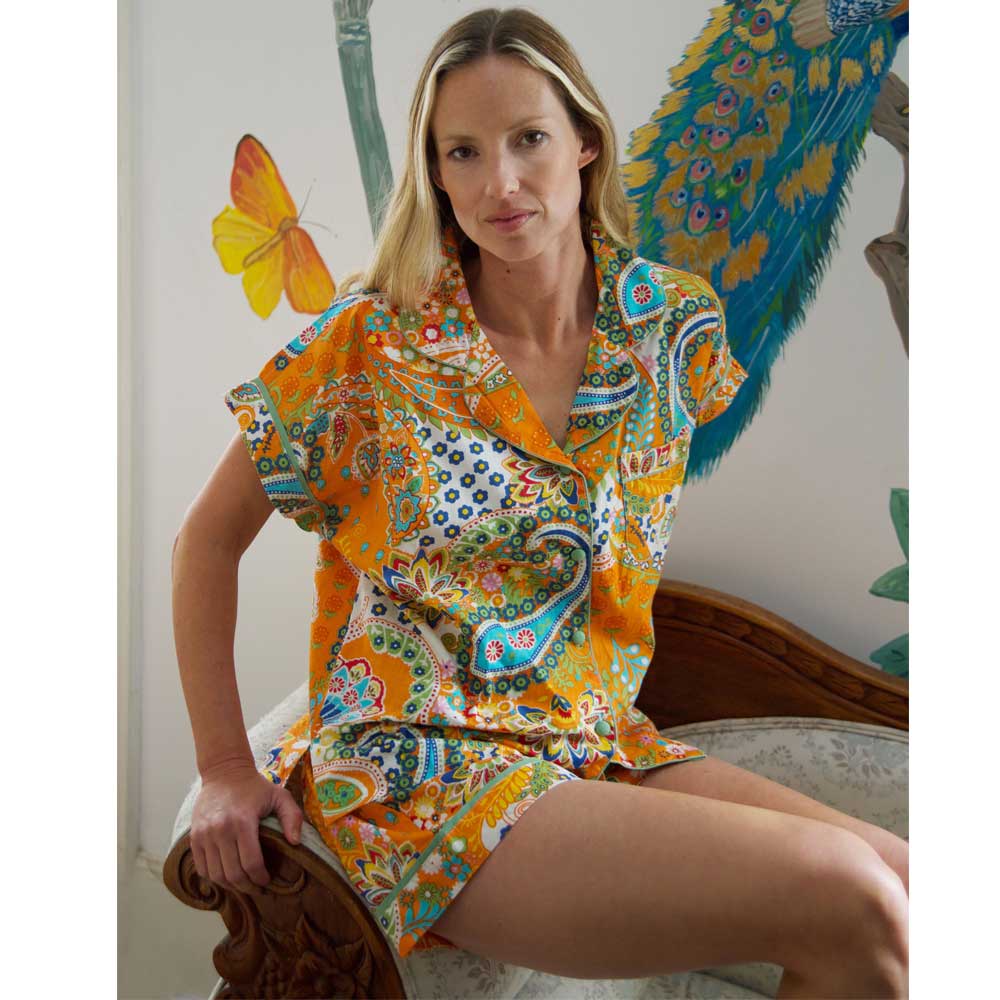 Ladies Orange Paisley Print Cotton Short Pyjama Set