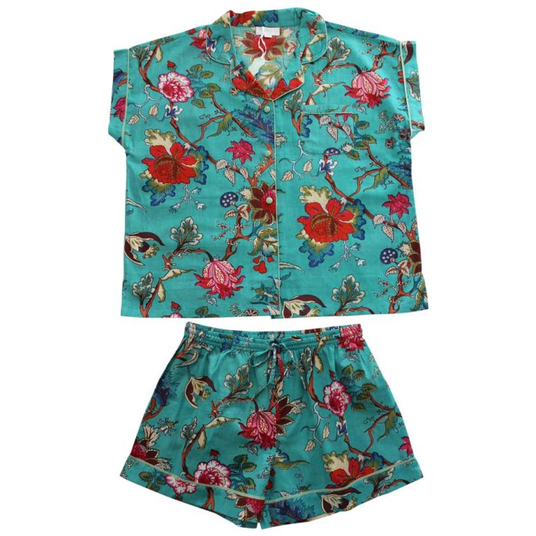 Ladies Teal Exotic Flower Print Cotton Short Pyjama Set